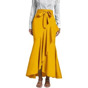 imageLYANER Womens Tie Waist Ruffle Wrap Mermaid Fishtail Hem High Waist Long Maxi SkirtYellow