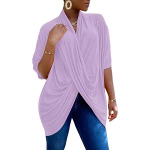 imageLYANER Womens Wrap V Neck Ruched Short Sleeve Split Hem Blouse Shirt Tunic TopBaby Purple