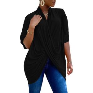 imageLYANER Womens Wrap V Neck Ruched Short Sleeve Split Hem Blouse Shirt Tunic TopBlack