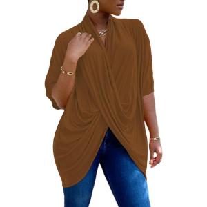 imageLYANER Womens Wrap V Neck Ruched Short Sleeve Split Hem Blouse Shirt Tunic TopBrown
