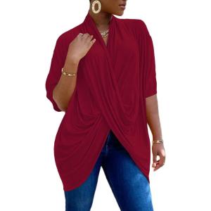 imageLYANER Womens Wrap V Neck Ruched Short Sleeve Split Hem Blouse Shirt Tunic TopBurgundy