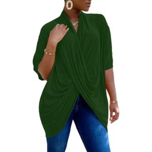 imageLYANER Womens Wrap V Neck Ruched Short Sleeve Split Hem Blouse Shirt Tunic TopDeep Green