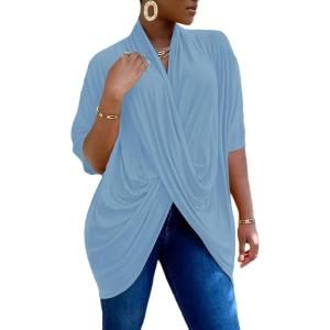 imageLYANER Womens Wrap V Neck Ruched Short Sleeve Split Hem Blouse Shirt Tunic TopLight Blue