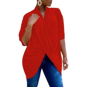 imageLYANER Womens Wrap V Neck Ruched Short Sleeve Split Hem Blouse Shirt Tunic TopRed