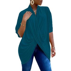 imageLYANER Womens Wrap V Neck Ruched Short Sleeve Split Hem Blouse Shirt Tunic TopTeal Blue