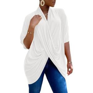 imageLYANER Womens Wrap V Neck Ruched Short Sleeve Split Hem Blouse Shirt Tunic TopWhite