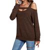 imageLYANER Womens Casual Cold Shoulder Hollow Out Solid Long Sleeve Blouse Tunic Shirts TopDark Brown