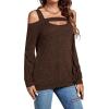 imageLYANER Womens Casual Cold Shoulder Hollow Out Solid Long Sleeve Blouse Tunic Shirts TopDark Brown