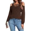 imageLYANER Womens Casual Cold Shoulder Hollow Out Solid Long Sleeve Blouse Tunic Shirts TopDark Brown