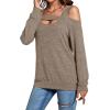 imageLYANER Womens Casual Cold Shoulder Hollow Out Solid Long Sleeve Blouse Tunic Shirts TopLight Brown