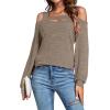 imageLYANER Womens Casual Cold Shoulder Hollow Out Solid Long Sleeve Blouse Tunic Shirts TopLight Brown