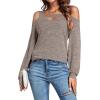 imageLYANER Womens Casual Cold Shoulder Hollow Out Solid Long Sleeve Blouse Tunic Shirts TopLight Khaki
