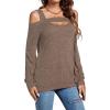 imageLYANER Womens Casual Cold Shoulder Hollow Out Solid Long Sleeve Blouse Tunic Shirts TopMocha