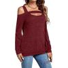 imageLYANER Womens Casual Cold Shoulder Hollow Out Solid Long Sleeve Blouse Tunic Shirts TopWine Red