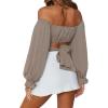 imageLYANER Womens Cute Off Shoulder Long Sleeve Self Tie Knot Crop Tube Top BlouseKhaki