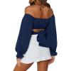 imageLYANER Womens Cute Off Shoulder Long Sleeve Self Tie Knot Crop Tube Top BlouseNavy
