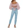 imageLYANER Womens Cute Off Shoulder Long Sleeve Self Tie Knot Crop Tube Top BlousePink