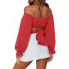 imageLYANER Womens Cute Off Shoulder Long Sleeve Self Tie Knot Crop Tube Top BlouseRed
