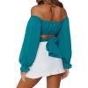 imageLYANER Womens Cute Off Shoulder Long Sleeve Self Tie Knot Crop Tube Top BlouseTeal Blue