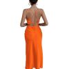 imageLYANER Womens Deep V Neck Tie Front Knot Long Sleeve Sexy Wrap Crop Top BlouseBright Orange