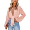 imageLYANER Womens Deep V Neck Tie Front Knot Long Sleeve Sexy Wrap Crop Top BlouseCoral Pink