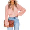 imageLYANER Womens Deep V Neck Tie Front Knot Long Sleeve Sexy Wrap Crop Top BlouseCoral Pink