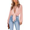 imageLYANER Womens Deep V Neck Tie Front Knot Long Sleeve Sexy Wrap Crop Top BlouseCoral Pink