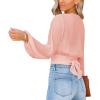 imageLYANER Womens Deep V Neck Tie Front Knot Long Sleeve Sexy Wrap Crop Top BlouseCoral Pink