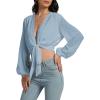 imageLYANER Womens Deep V Neck Tie Front Knot Long Sleeve Sexy Wrap Crop Top BlouseDusty Blue