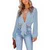 imageLYANER Womens Deep V Neck Tie Front Knot Long Sleeve Sexy Wrap Crop Top BlouseDusty Blue
