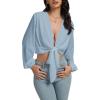 imageLYANER Womens Deep V Neck Tie Front Knot Long Sleeve Sexy Wrap Crop Top BlouseDusty Blue