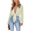 imageLYANER Womens Deep V Neck Tie Front Knot Long Sleeve Sexy Wrap Crop Top BlouseLight Green