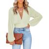 imageLYANER Womens Deep V Neck Tie Front Knot Long Sleeve Sexy Wrap Crop Top BlouseLight Green