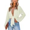 imageLYANER Womens Deep V Neck Tie Front Knot Long Sleeve Sexy Wrap Crop Top BlouseLight Green