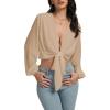 imageLYANER Womens Deep V Neck Tie Front Knot Long Sleeve Sexy Wrap Crop Top BlouseLight Khaki
