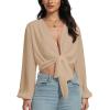 imageLYANER Womens Deep V Neck Tie Front Knot Long Sleeve Sexy Wrap Crop Top BlouseLight Khaki