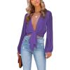 imageLYANER Womens Deep V Neck Tie Front Knot Long Sleeve Sexy Wrap Crop Top BlouseLilac