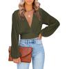 imageLYANER Womens Deep V Neck Tie Front Knot Long Sleeve Sexy Wrap Crop Top BlousePlain Army Green