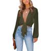 imageLYANER Womens Deep V Neck Tie Front Knot Long Sleeve Sexy Wrap Crop Top BlousePlain Army Green
