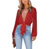 imageLYANER Womens Deep V Neck Tie Front Knot Long Sleeve Sexy Wrap Crop Top BlouseRed