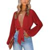imageLYANER Womens Deep V Neck Tie Front Knot Long Sleeve Sexy Wrap Crop Top BlouseRed