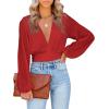 imageLYANER Womens Deep V Neck Tie Front Knot Long Sleeve Sexy Wrap Crop Top BlouseRed
