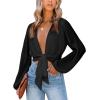 imageLYANER Womens Deep V Neck Tie Front Knot Long Sleeve Sexy Wrap Crop Top BlouseSolid Black