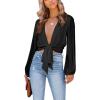 imageLYANER Womens Deep V Neck Tie Front Knot Long Sleeve Sexy Wrap Crop Top BlouseSolid Black