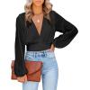 imageLYANER Womens Deep V Neck Tie Front Knot Long Sleeve Sexy Wrap Crop Top BlouseSolid Black