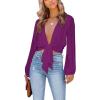 imageLYANER Womens Deep V Neck Tie Front Knot Long Sleeve Sexy Wrap Crop Top BlouseSolid Purple