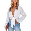 imageLYANER Womens Deep V Neck Tie Front Knot Long Sleeve Sexy Wrap Crop Top BlouseWhite