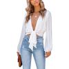 imageLYANER Womens Deep V Neck Tie Front Knot Long Sleeve Sexy Wrap Crop Top BlouseWhite