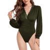 imageLYANER Womens Lace Trim V Neck Puff Long Sleeve Leotard Bodysuit TopsArmy Green