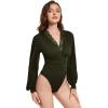 imageLYANER Womens Lace Trim V Neck Puff Long Sleeve Leotard Bodysuit TopsArmy Green